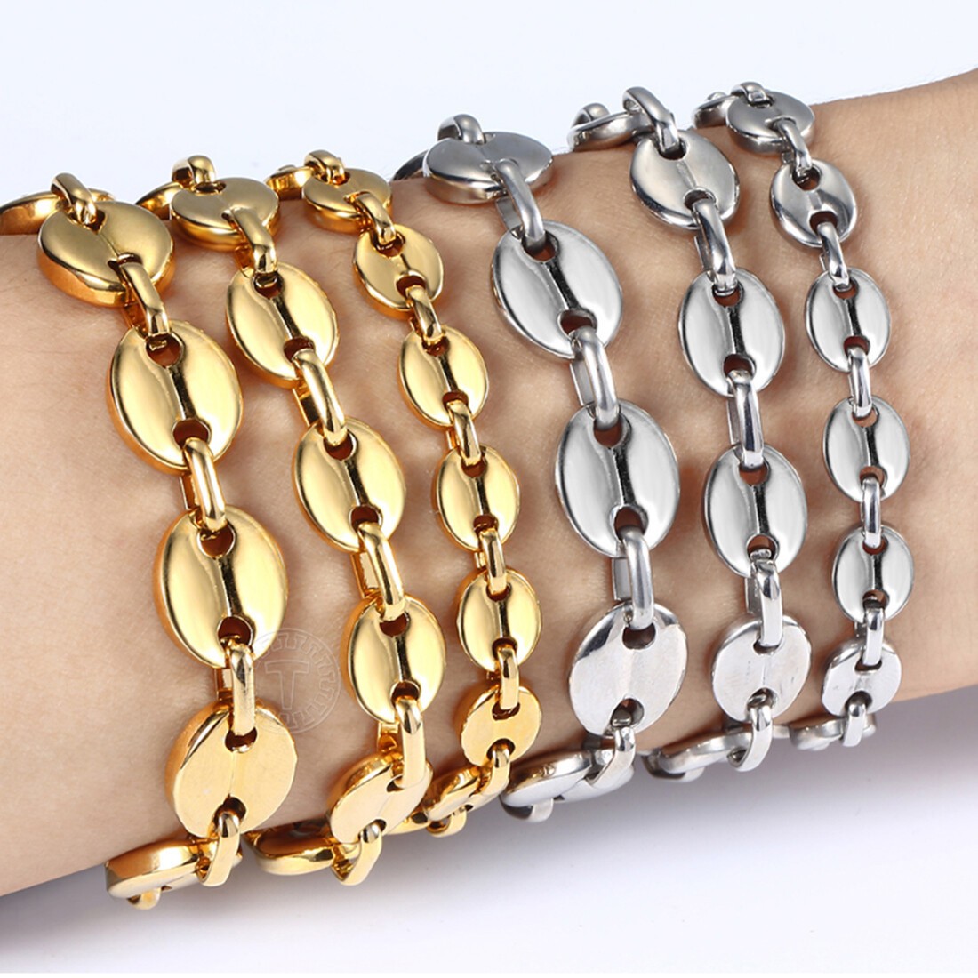 Fashion Mens Women Stainless Steel Silver/Gold Coffee Beans Chain Bracelet 7-11