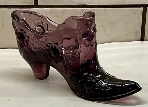 Vintage Fenton Glass Amethyst Cabbage Rose Pattern Shoe Slipper