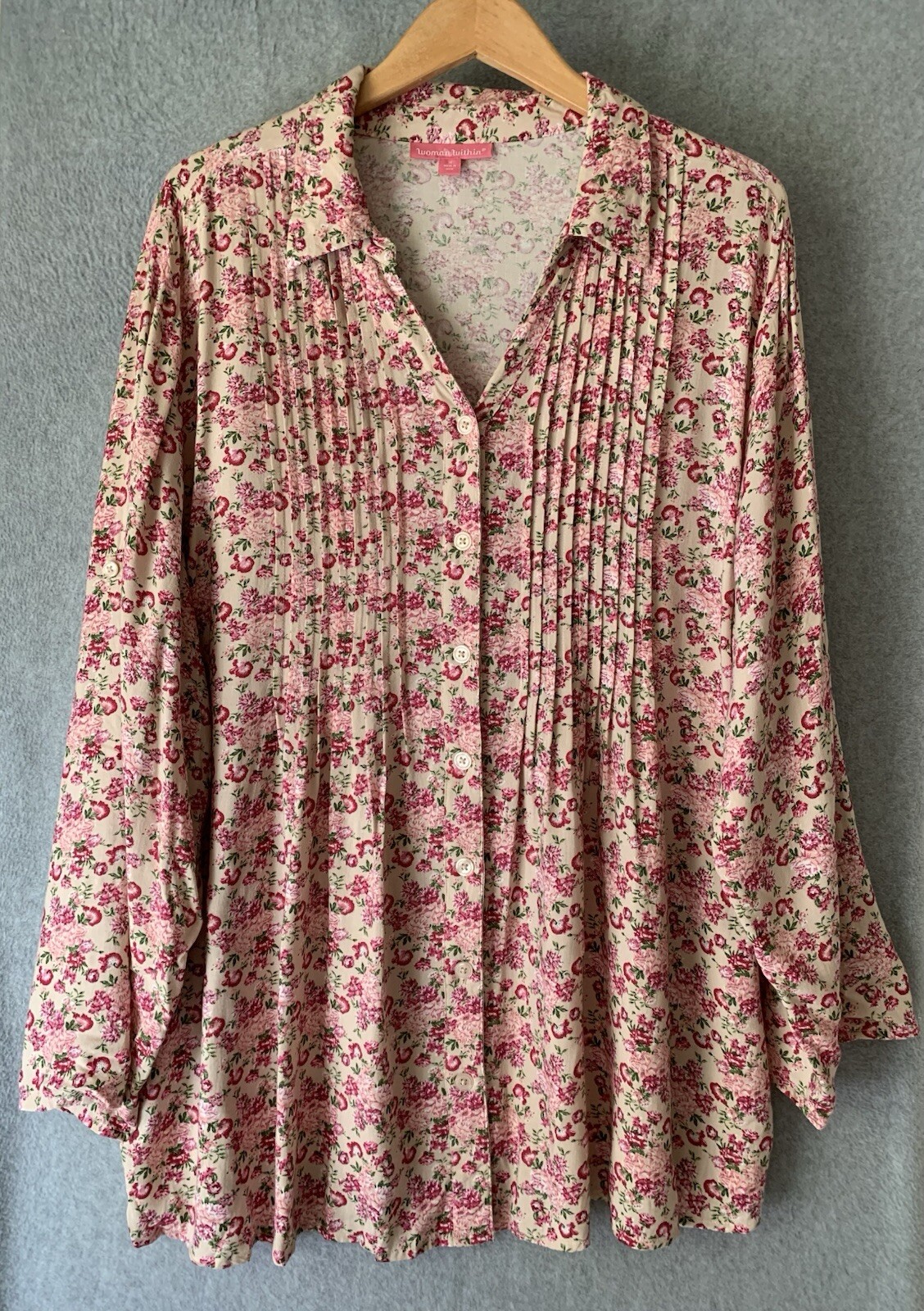 Woman Within Button Front Pink Tunic Sz 3X Cottagecore Floral Romantic Pintuck