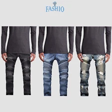 Mens Skinny Stretch Biker Destroyed Slim Fit Straight  Zipper jeans