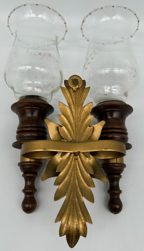 Wooden & Metal 2 Candle Sconces W/ Shades~USED~Etched Leaf Design~Voltive Holder - Picture 6 of 11