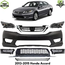 Front Bumper Cover Paintable Plastic & Headlights Kit For 2013-2015 Honda Accord