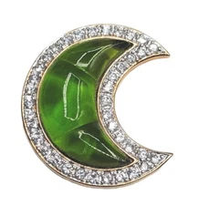 Sterling Silver Gold Green Puffy Crescent Moon CZ Halo Halloween Signed Pendant