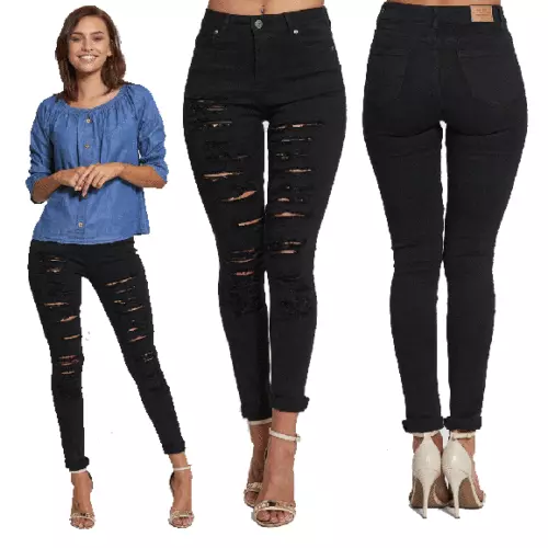 WOMENS LADIES GIRLS HIGH WAISTED EXTREME RIPPED BLACK SKINNY JEANS SIZE 6 TO 16