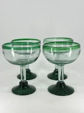 4 Mexican Margarita Cocktail Glasses Hand Blown Ringed GREEN Vintage Barware