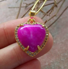 Yellow Gold Plate Pink Lavender JADE Pendant Love Heart Diamond Imitation 397670