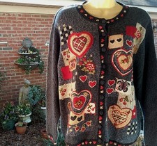 Vtg 2003 Womens Heirloom Collectibles Valentines Day Heart Cardigan Sweater MED