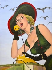 Painting pulp pop cover art scared woman 1950s telephone seagulls Jane Ianniello