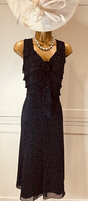 Jacques Vert UK 16 Navy White Polka Dot Chiffon Layered