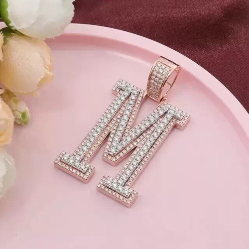 Lab Created Diamond Men's Custom M 2Ct Round Letter Pendant 14k Pink Gold Plated - Picture 3 of 10