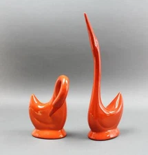Jaru California Pair Orange Art Pottery Swans Bird Sculpture Mid Century Modern