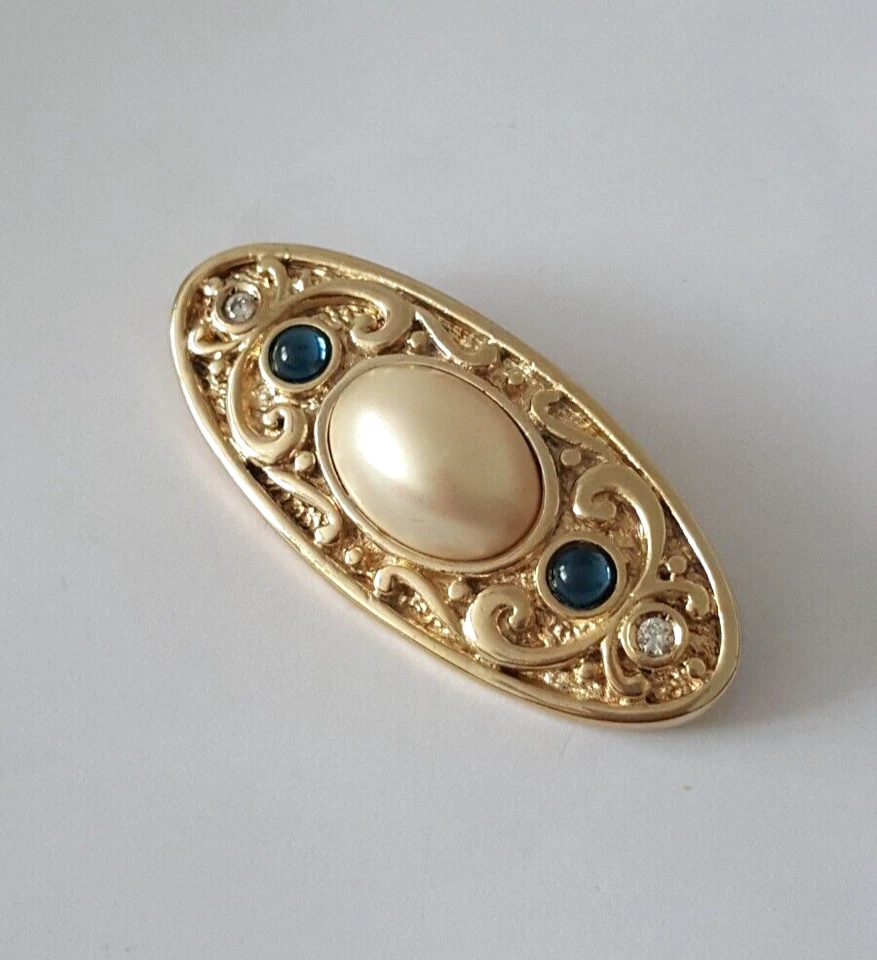 Genuine Majorica Pearl Sparkling Artistic Brooch Gold on 925 Solid Silver #22389 - Image 3 of 4
