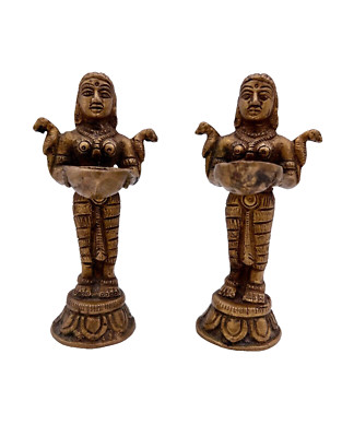 PAIR Vintage Cast Brass Statues Of Deepalakshmi (Lakshmi) Holding Diya 4 7/8'' H