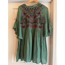 Umgee Babydoll Dress Women Small Sage Green Floral Embroidered Bell Sleeve C0384