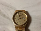 Vintage Seiko Alarm Watch Men Gold Tone Day Date Round 5C23-8009-Need Battery