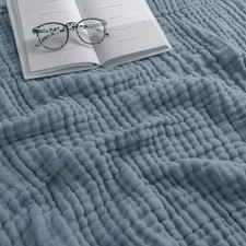 Muslin Throw Blanket 50x60 Inch Quilted 6Layer Gauze Cotton Pacific Blue