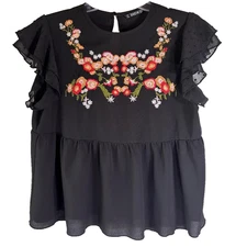 Shein Women's Blouse Size M Black Ruffled with Floral Embroidery Boho, Peasant