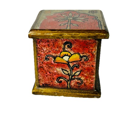 Vintage Floral Reverse Painted Glass  Wood Trinket Box Small Square Red Gold 2.5