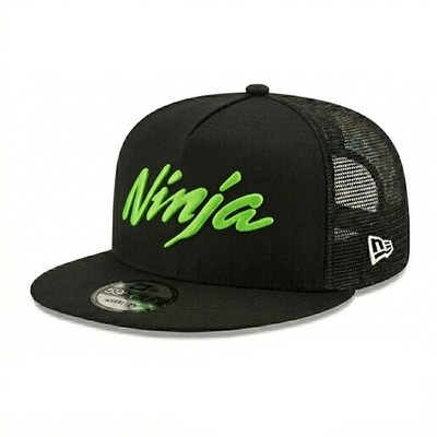 Ninja Script Logo Embroidered New Era 59Fifty Black Mesh Trucker Hat Cap