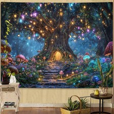 Tree of Life Tapestry, Mushroom House Wall Art, Fantasy Forest Landscape Natu...