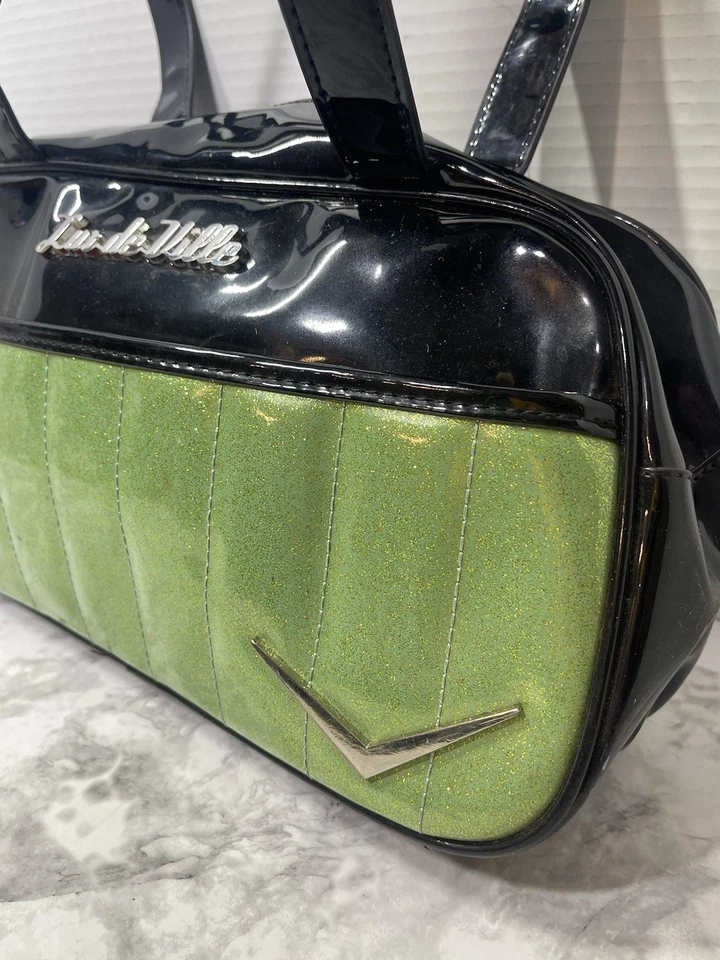 Bolso Cartera Lux De Ville Negro Patente Brillante Verde Lima Rockabilly Pinup Retro Foto 3 de 4