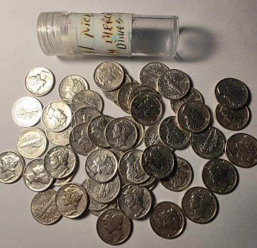 1940s Mercury Dimes Roll  50 ALMOST UNC-MS Condition Mint-W/Luster 90% Silver