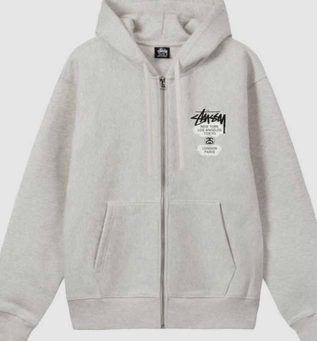 Stussy Rare World Tour Zip Up Hoodie Ash Heather Size Original Bag