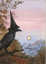ACEO RAVEN CROW RYTA WITCH Halloween FOLK ART PRINT OF PAINTING VINTAGE STYLE 🎃