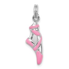 .925 Sterling Silver Rhodium Plated Childrens Pink Enameled Ballet Slipper Charm