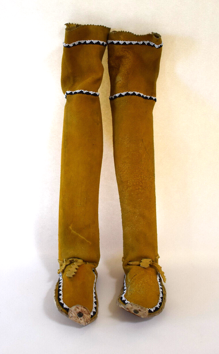 Pair Vintage Native American Apache Beaded Tan Knee High