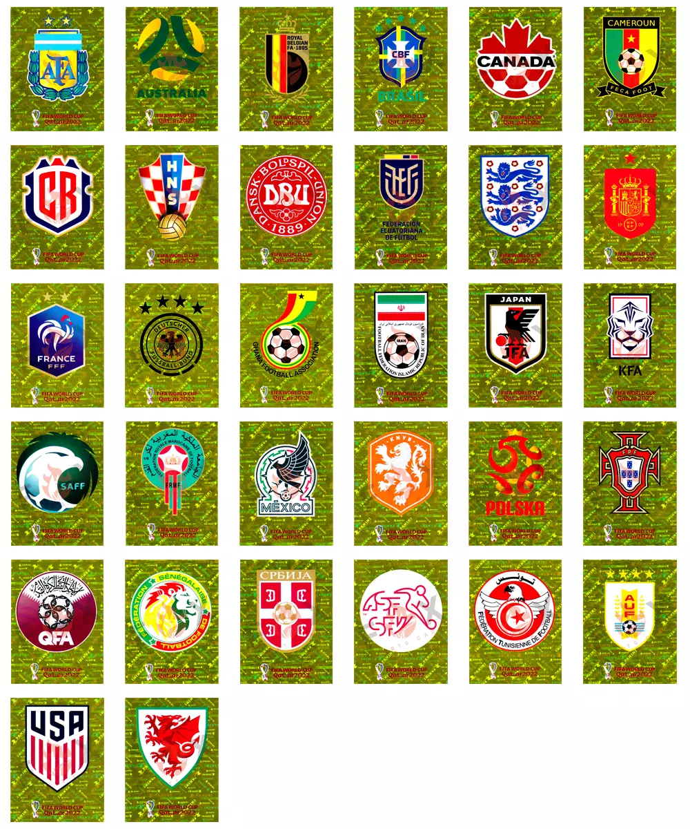 2022 FIFA World Cup Qatar Panini Sticker Gold Foil Team Logos &