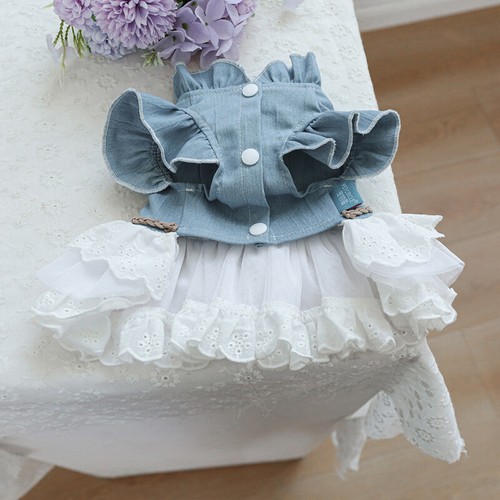 Spring Autumn Pet Clothes Dress Dog Cat Clothing Denim Cowboy Lace Skirt NEW - Picture 12 of 15