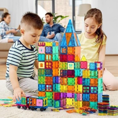 JUMBO SIZE 100PCS PACK of MAGNETIC TILES BUILDING BLOCKS with 2 TRAIN CARS