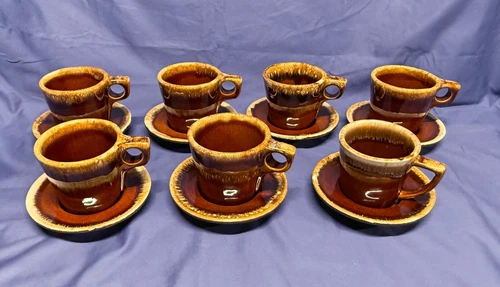 Vintage Hull Pottery Brown Drip Glaze Coffee Cups and Saucers - Set of 6