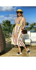 ZARA ECRU MUSTARD STRIPED MIDI DRESS WITH CROSSOVER STRAPS, SIDE POCKETS SIZE S