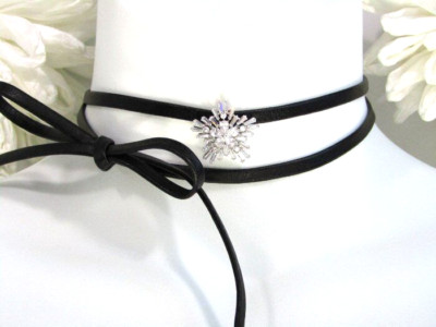 Designer Fallon Mini Monarch Crystal Starburst Leather Wrap Choker Necklace SEXY