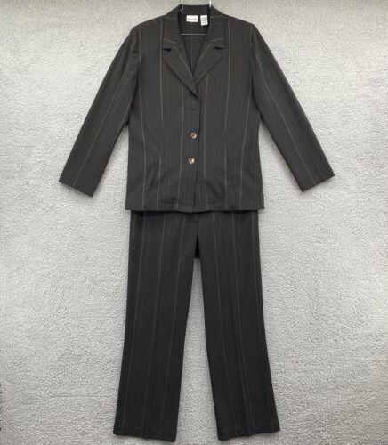 Chicos Womens Brown Pinstriped Size 1 Blazer Jacket & 1.5 Pants Two-Piece Set