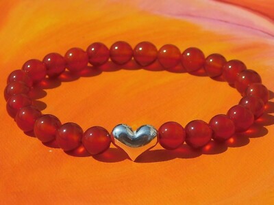 Damen 8 mm Handarbeit Edelstein & Silber Herz Perlen Armband - Orange Achat.
