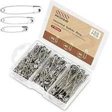 150 Pcs Silver Safety Pins Assorted Sizes Bulk Pack Small & Large Heavy Duty