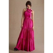 Mac Duggal 506581 Fuchsia Pink Satin Halter Bow Tiered Maxi Gown Dress Size 8