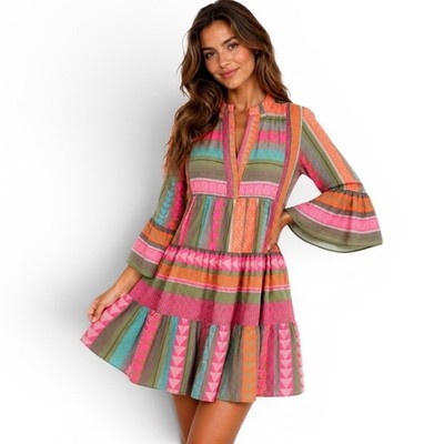 Devotion Twins Anthropologie Ella Embroidered Tiered Mini Dress Coral Pink M