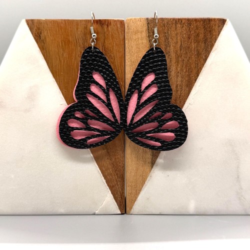 Monarch Noir Faux Leather Butterfly Wing Earrings – Pink Black Statement Jewelry