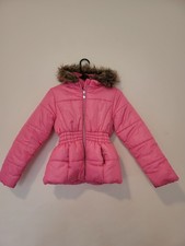 R1881 By S.Rothschild L 14 Pink Puffer Jacket Hooded Faux Fur Big Girls Neon