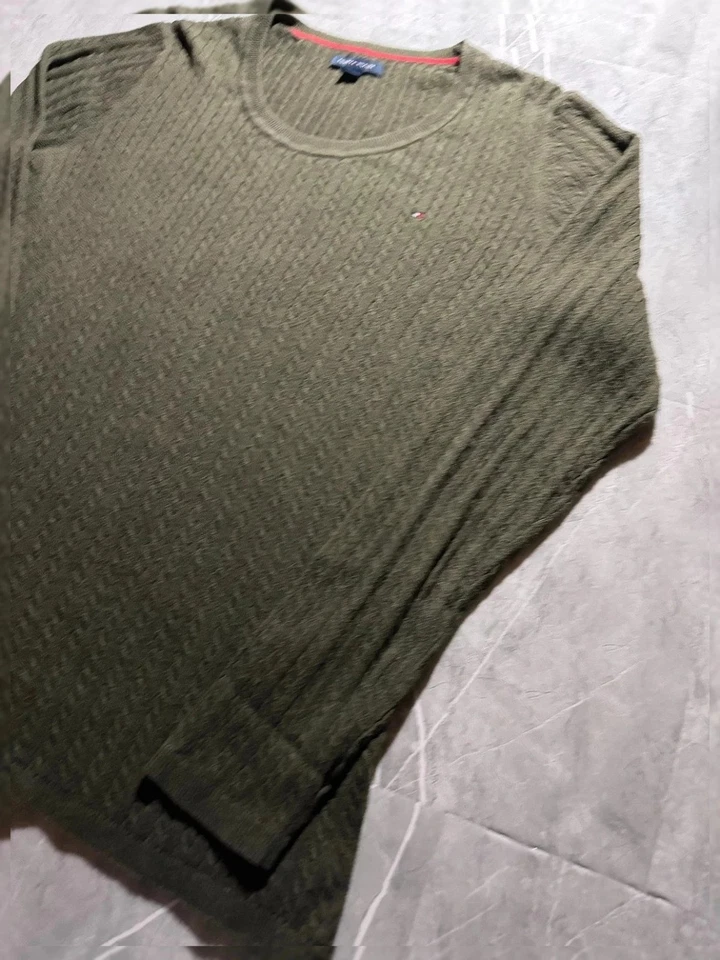 Pull Torsadé Tommy Hilfiger, Col Rond Crewneck, kaki, Logo Brodé #MPTM2 - Photo 4/4