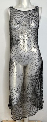 Antique 30s Art Deco Black Lace Sheer Beaded Dress S XS Floral Holes