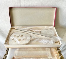 Vintage 1960s Vanity Set Mirror Brush Comb Gold Floral Original Box USA