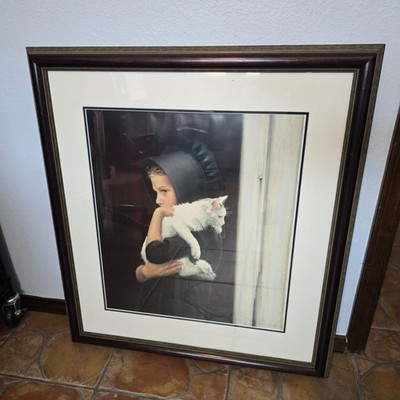Nancy Noel Sarah Amish Girl White Cat Large Framed Matted Print 29x30 Farmhouse