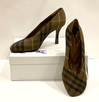 NIB BURBERRY $890 OLIVE BROWN FURROW CHECK BABY PUMP 85MM HEEL