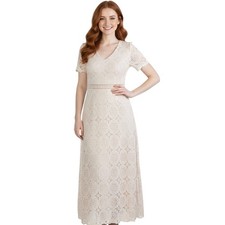 Tea n Rose Med Maxi Dress Ivory Lace V Neck Short Sleeve Cottagecore Whimsical