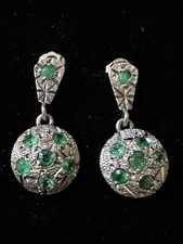 14k Vintage Art Deco Runde Pave Facettenschliff SMARAGD OHRRINGE WEISSGOLD Ohrstecker